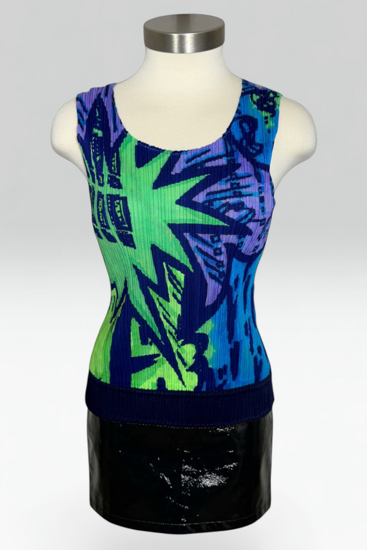 Pleats Please Issey Miyake Comic Print Pleated Sleeveless Top | Japanese Secondhand