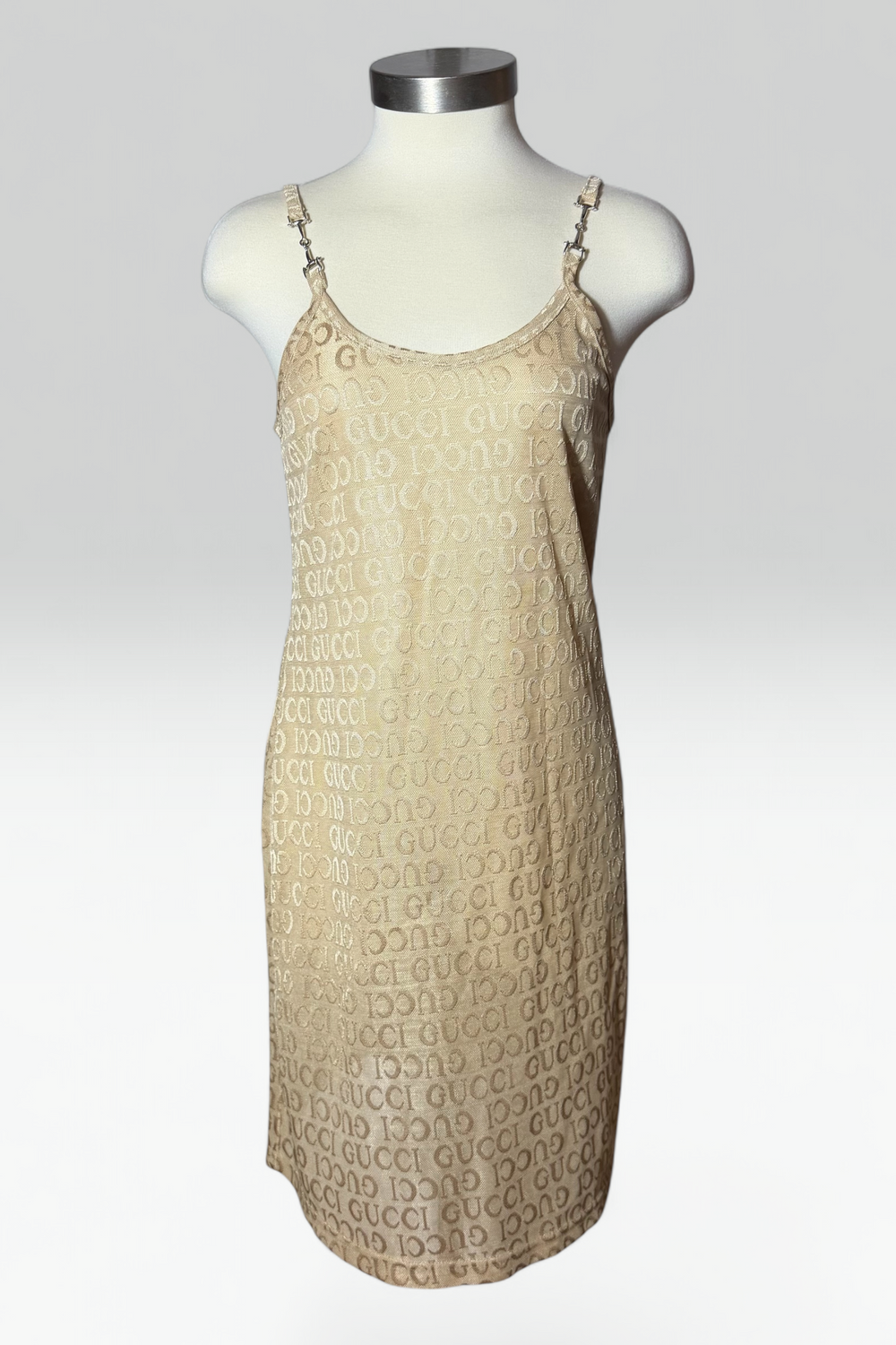 Coming soon: Gucci logo semi-sheer champagne mini dress