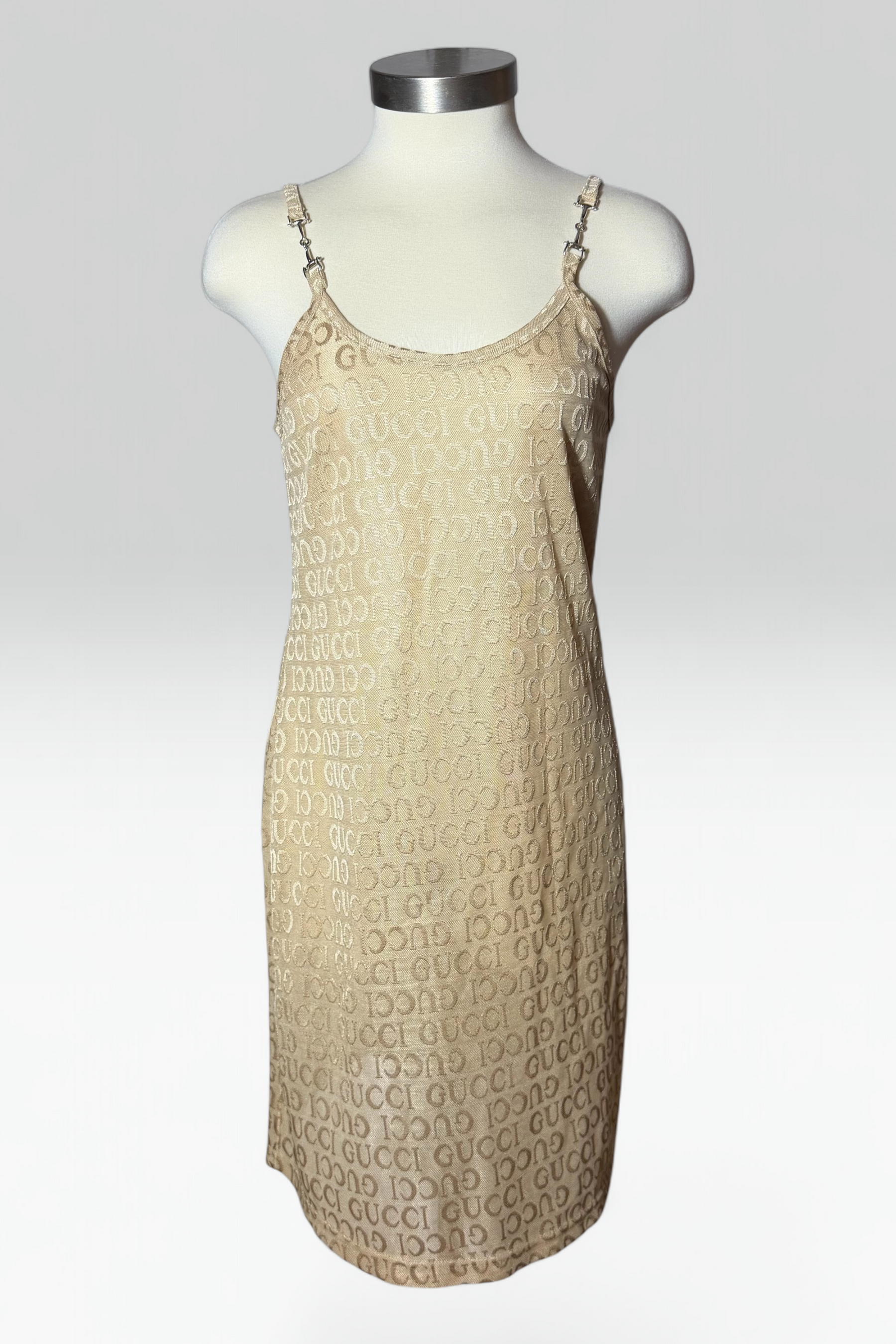 Coming soon: Gucci logo semi-sheer champagne mini dress