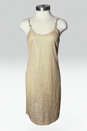Coming soon: Gucci logo semi-sheer champagne mini dress