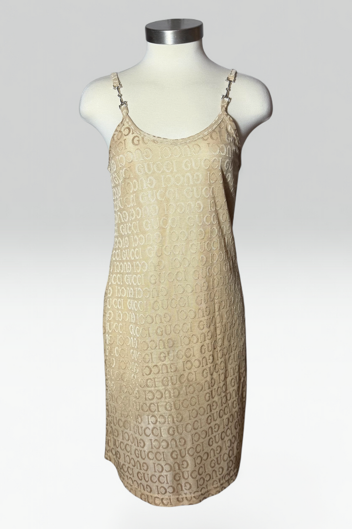 Coming soon: Gucci logo semi-sheer champagne mini dress