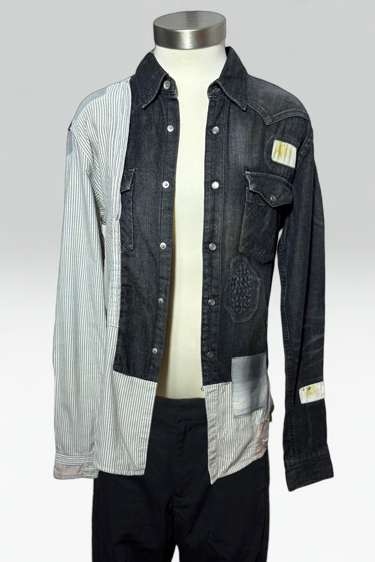 COMING SOON: MAISON MIHARA YASUHIRO PATCHWORK DENIM & STRIPED DISTRESSED SHIRT | Japanese Secondhand