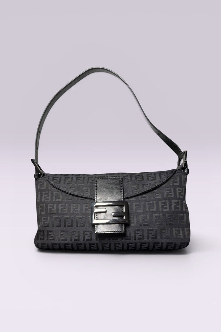 Fendi Black Zucchino Monogram Baguette Shoulder Bag | Italian Vintage