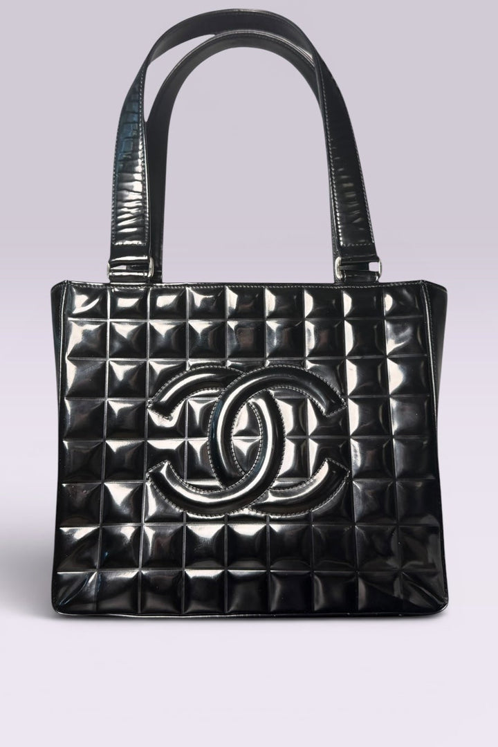 Chanel Chocolate Bar Black Patent Leather Tote | French Vintage