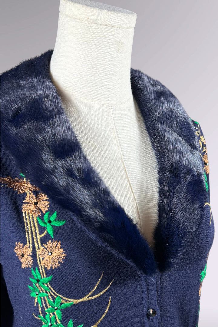 Blumarine Embroidered Wool Cardigan with Mink Fur Collar | Italian Vintage