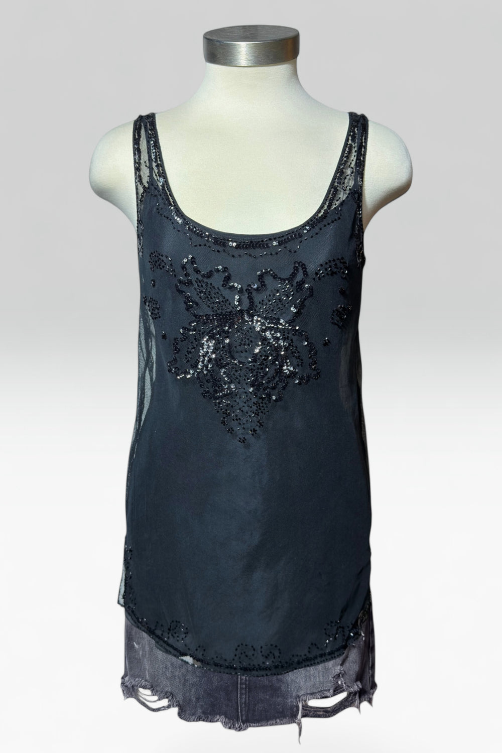 DKNY EMBELLISHED MESH LAYERED TOP