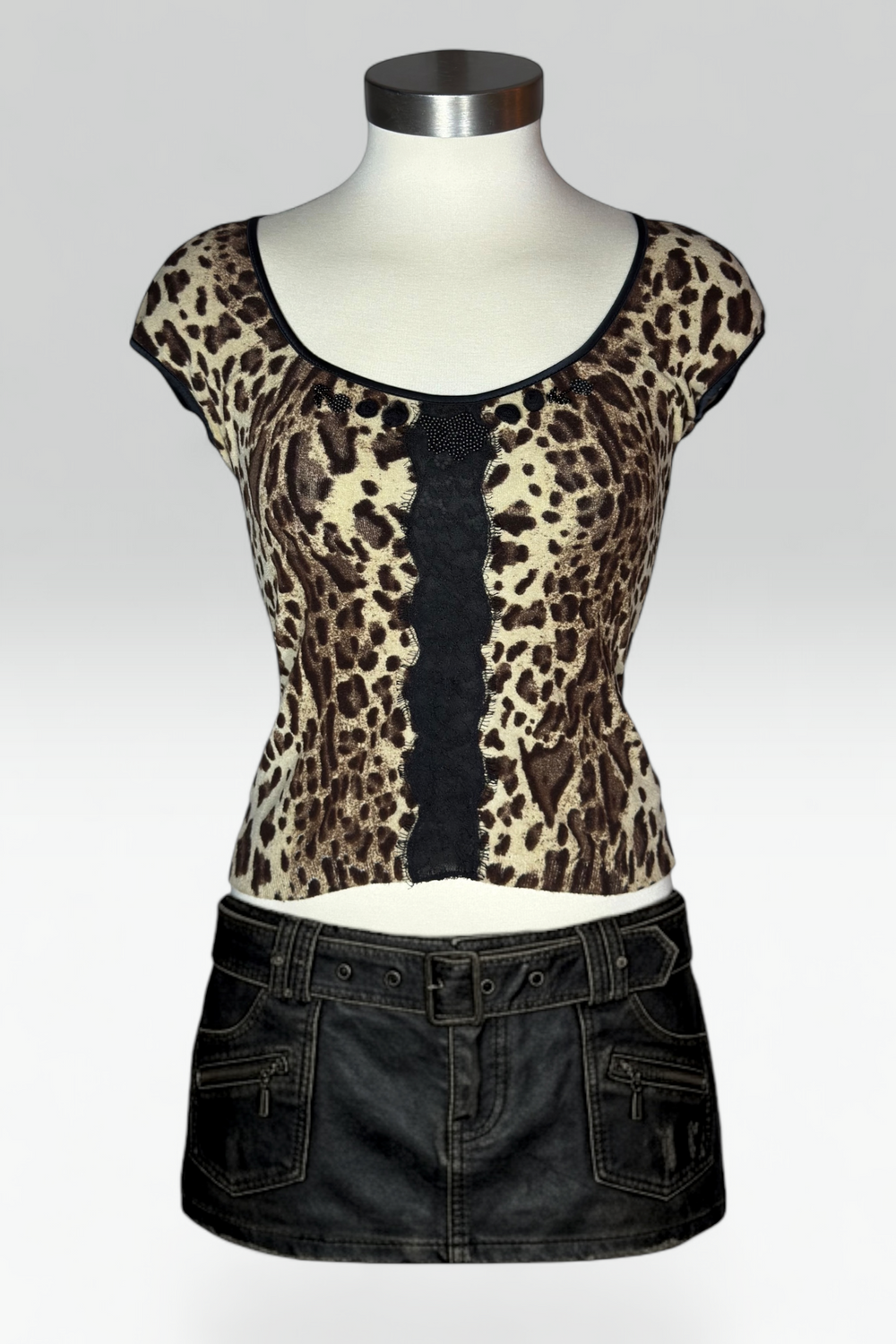 Leopard Print Beaded Lace-Trim Top