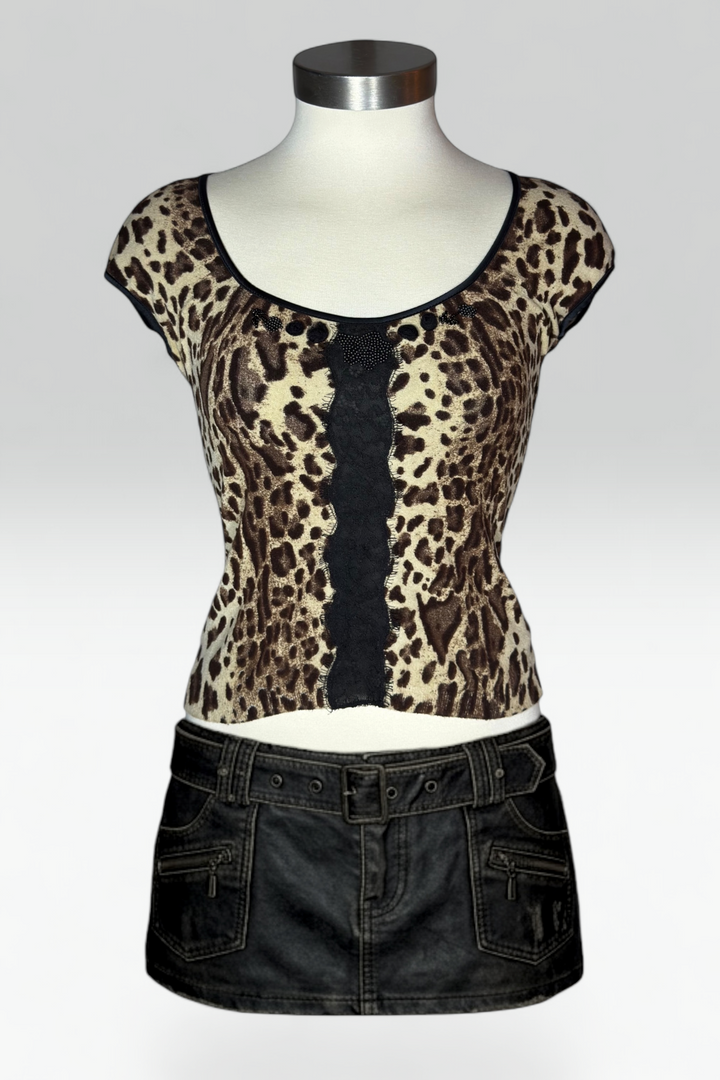 Leopard Print Beaded Lace-Trim Top