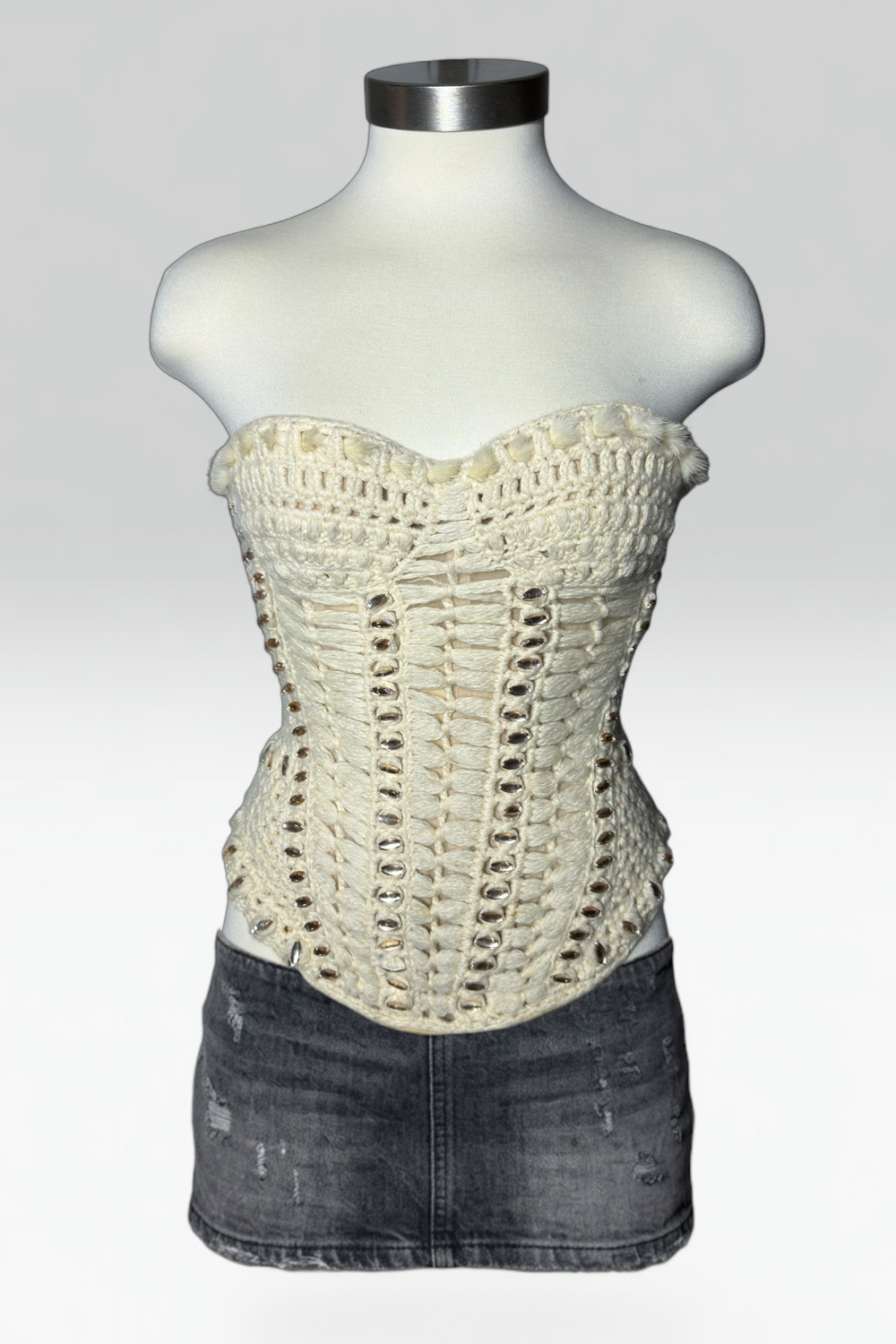 Roberto Cavalli Embellished Crochet Fur Trim Corset Top