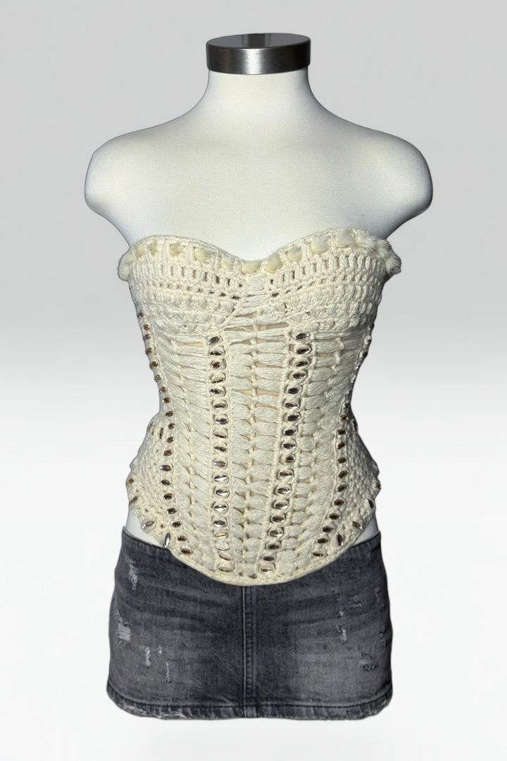 Roberto Cavalli Embellished Crochet Fur Trim Corset Top