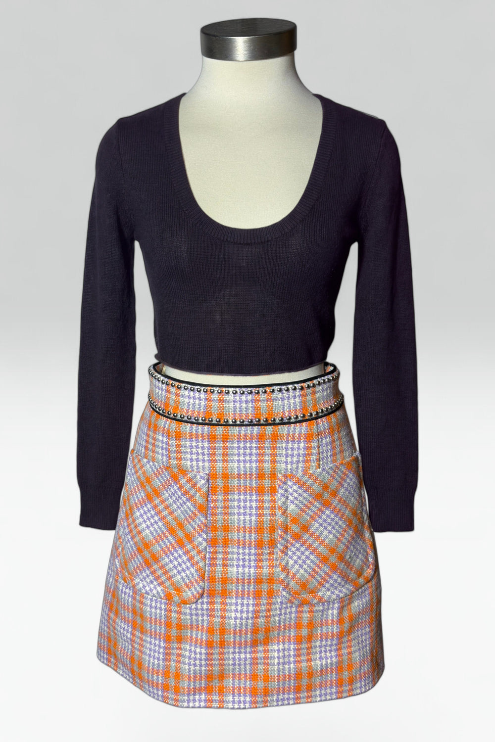 MIU MIU PLAID STUDDED MINI SKIRT