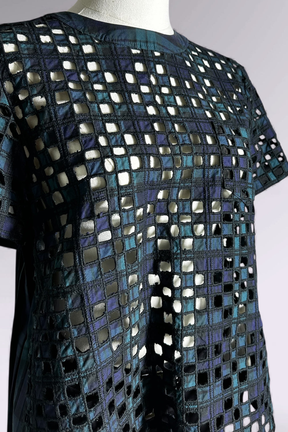 Sacai Runway Lattice Plaid and Pleated Top | Runway Archive