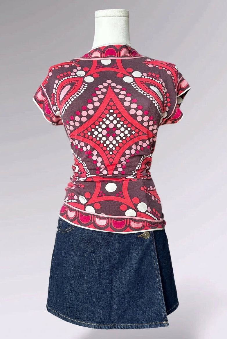 Emilio Pucci Red & Pink Short Sleeve Printed Top | Italian Designer Vintage