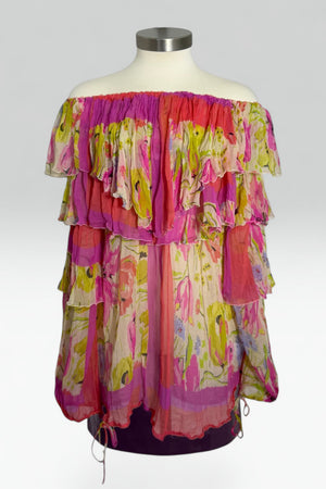 Blumarine Silk Floral Off Shoulder Ruffle Blouse