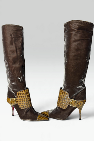 EMANUEL UNGARO BROWN VELVET CROC-EMBOSSED STILETTO BOOTS