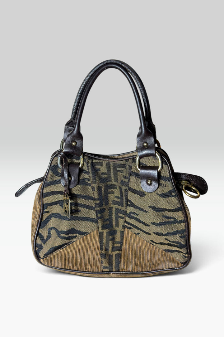 FENDI ZUCCA ANIMAL PRINT & CORDUROY HANDBAG