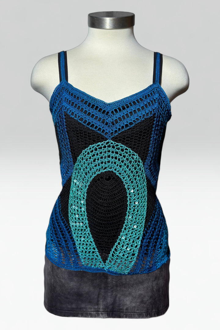NICOWA BLUE CROCHET & SEQUIN TOP
