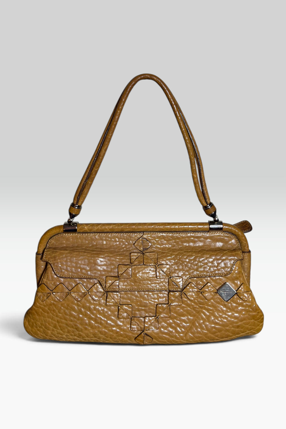 SALVATORE FERRAGAMO BROWN LEATHER GEOMETRIC APPLIQUÉ SHOULDER BAG