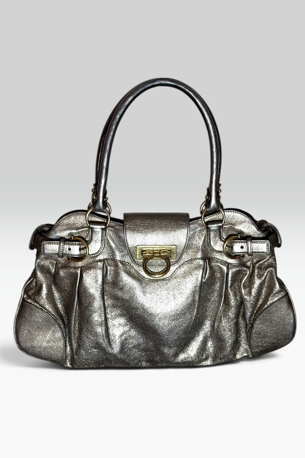 SALVATORE FERRAGAMO METALLIC LEATHER GANCINI HANDBAG