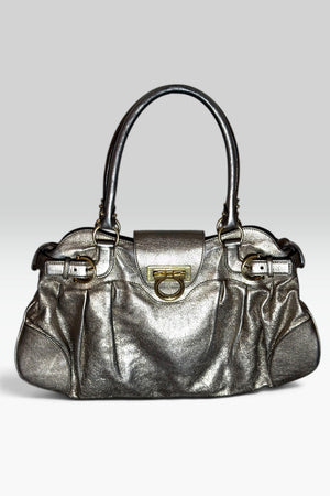 SALVATORE FERRAGAMO METALLIC LEATHER GANCINI HANDBAG