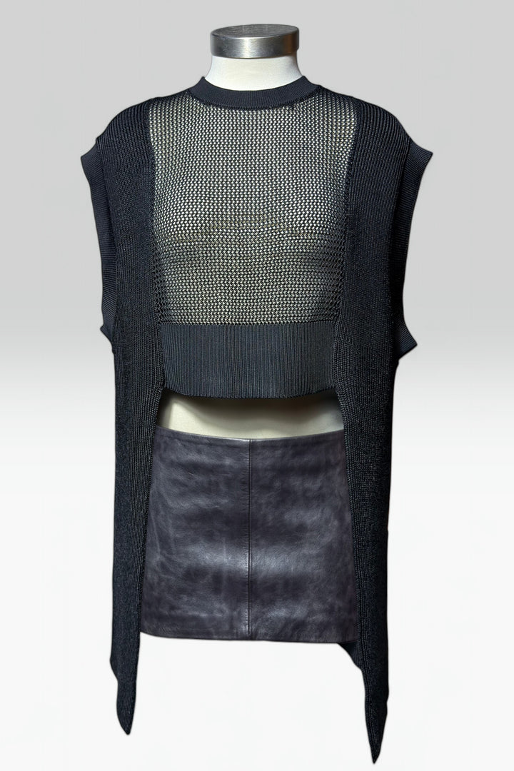 UN3D BLACK OPEN-KNIT DRAPED PANEL TOP