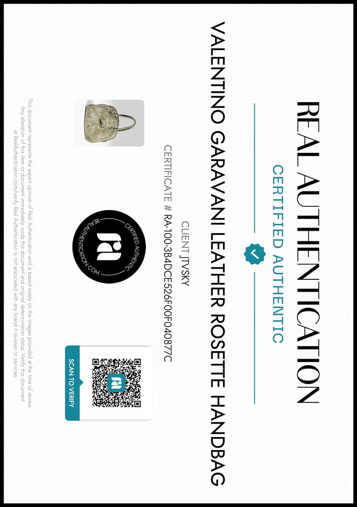 A certificate of authenticity for a Valentino Garavani Leather Rosette Handbag, featuring the text 'CERTIFIED AUTHENTIC' and a black circular logo, alongside a small product photo of the handbag and a QR code.