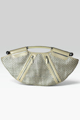 VERSACE BEIGE & SILVER WOVEN LEATHER METAL BAR CLUTCH BAG