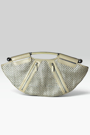 VERSACE BEIGE & SILVER WOVEN LEATHER METAL BAR CLUTCH BAG