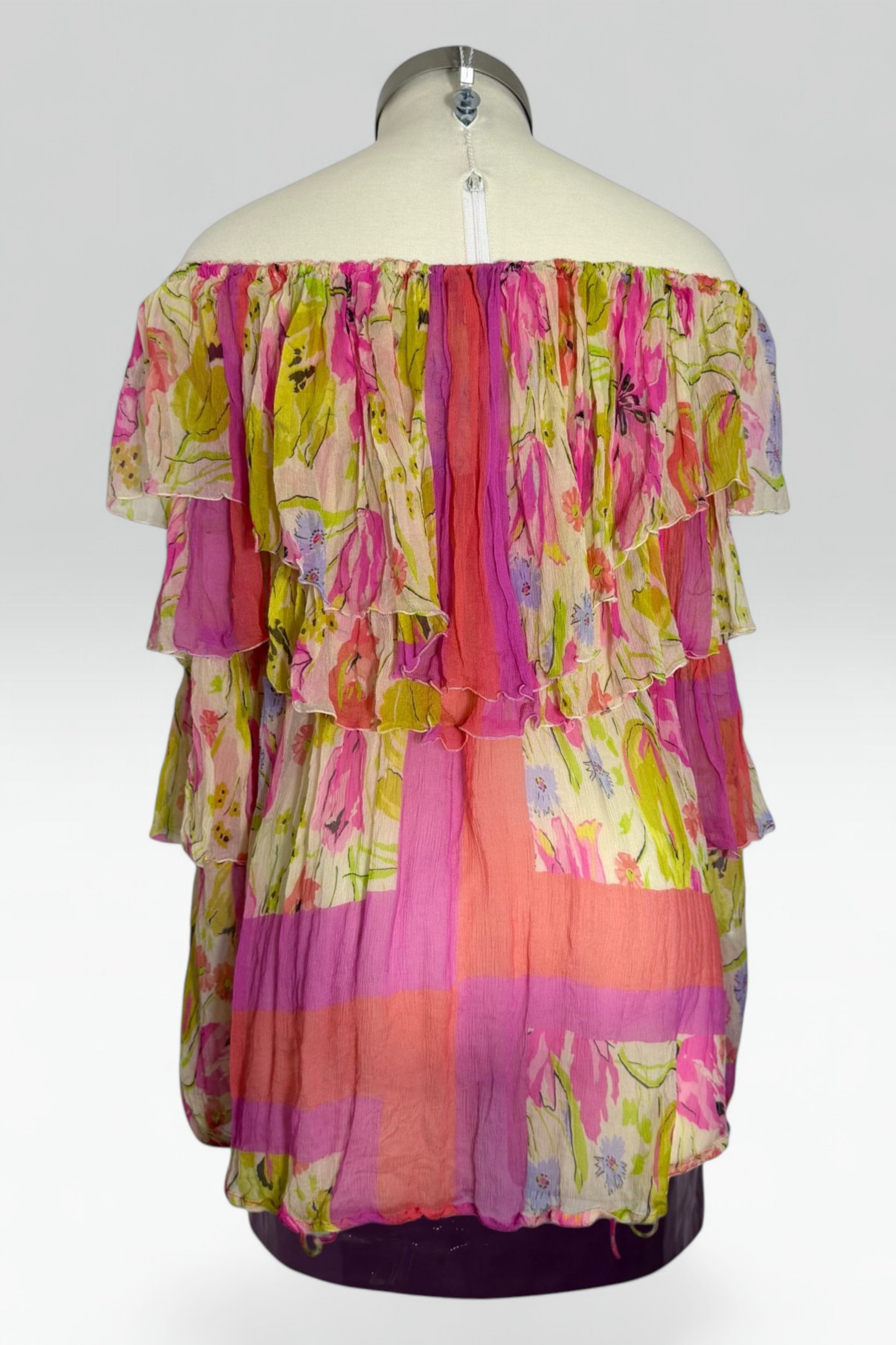Blumarine Silk Floral Off Shoulder Ruffle Blouse