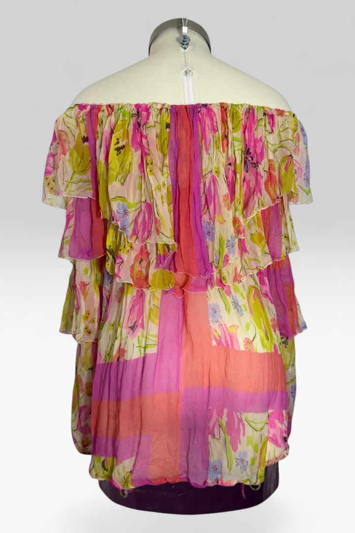 Blumarine Silk Floral Off Shoulder Ruffle Blouse