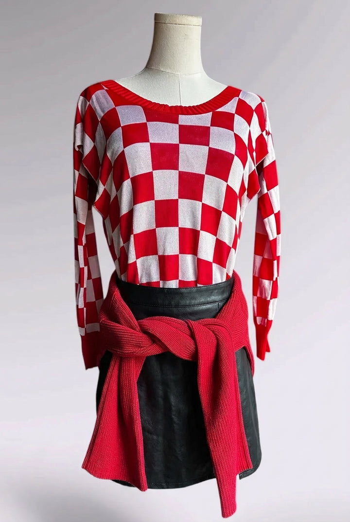 MM6 Maison Margiela Red Checker Multi-Way Knit Sweater | Runway Archive
