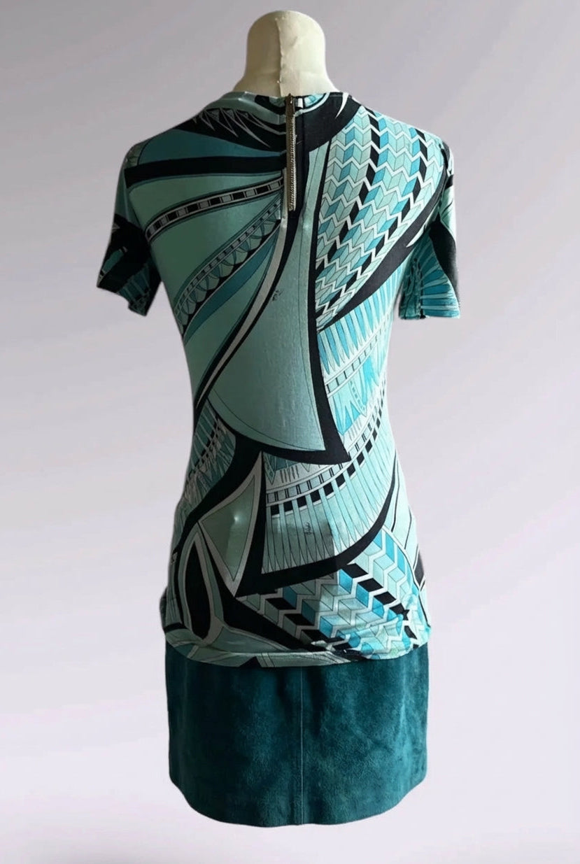 Emilio Pucci Aqua Geometric Print Tee | Italian Designer Vintage