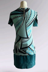 Emilio Pucci Aqua Geometric Print Tee | Italian Designer Vintage
